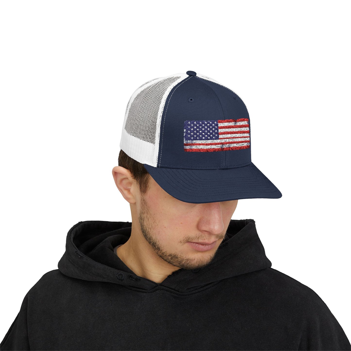 #250 Distressed American Flag Snapback Trucker Cap