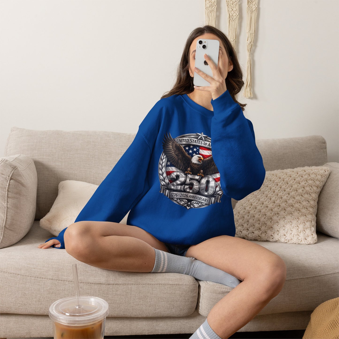 #250 Patriotic Bald Eagle 250 United States Emblem Crewneck Sweatshirt