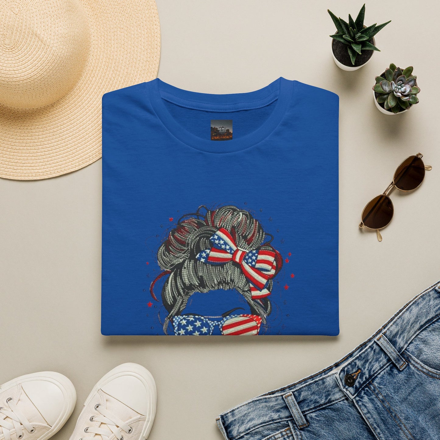 #250 "All American Girl" Patriotic Messy Bun T-Shirt
