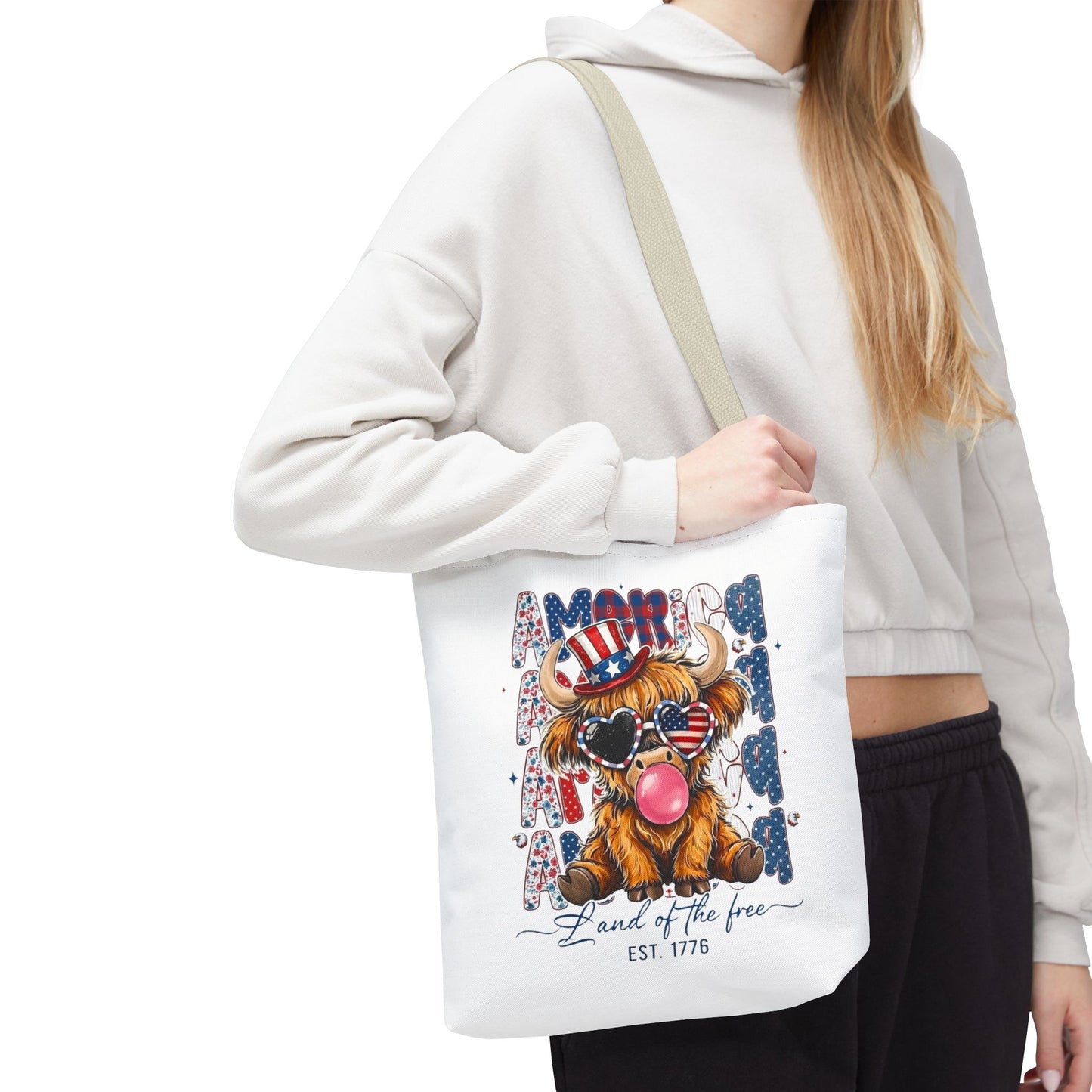 #250 American Flag Bubblegum Patriotic Highland Cow Tote Bag