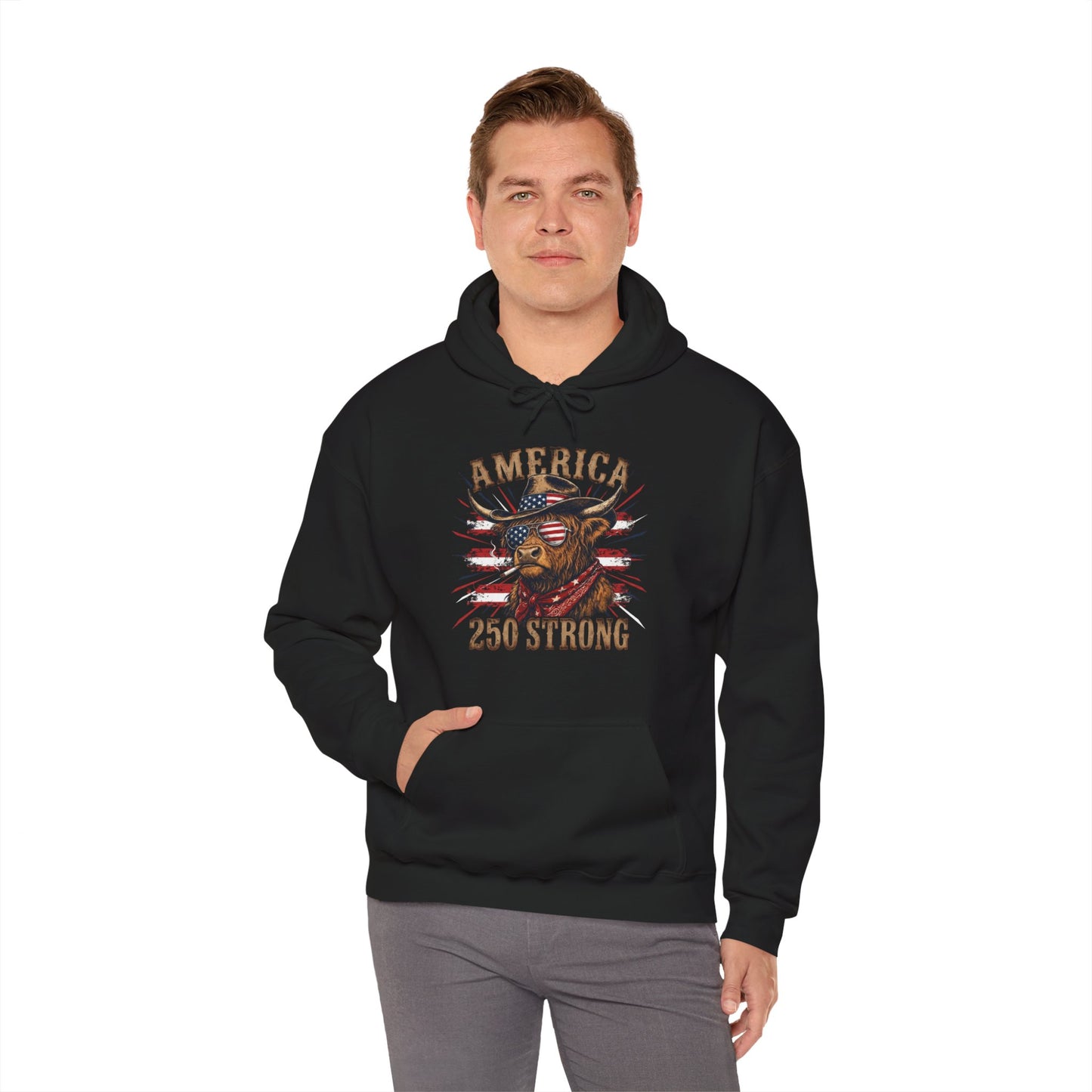 #250 America 250 Strong Patriotic Bull with American Flag Hoodie