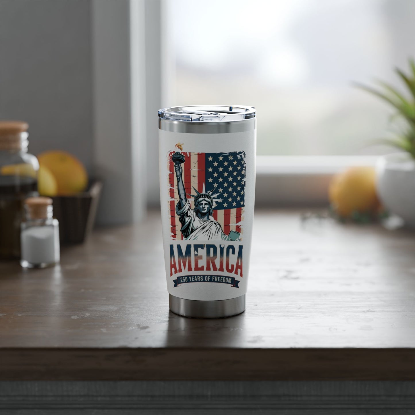 #250 Statue of Liberty American Flag 'America' Patriotic Independence Day Vagabond 20oz Tumbler Stainless Travel Cup