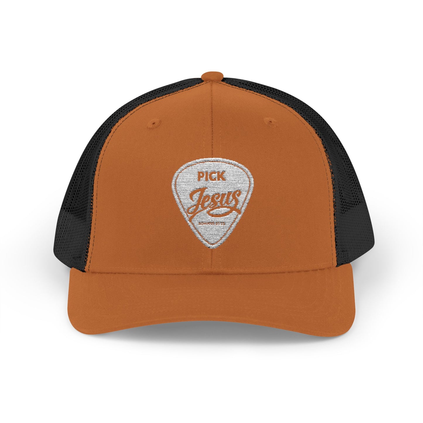 Pick Jesus Guitar Pick Snapback Trucker Cap Christian Guitar Pick Design (Romans 10:13)
