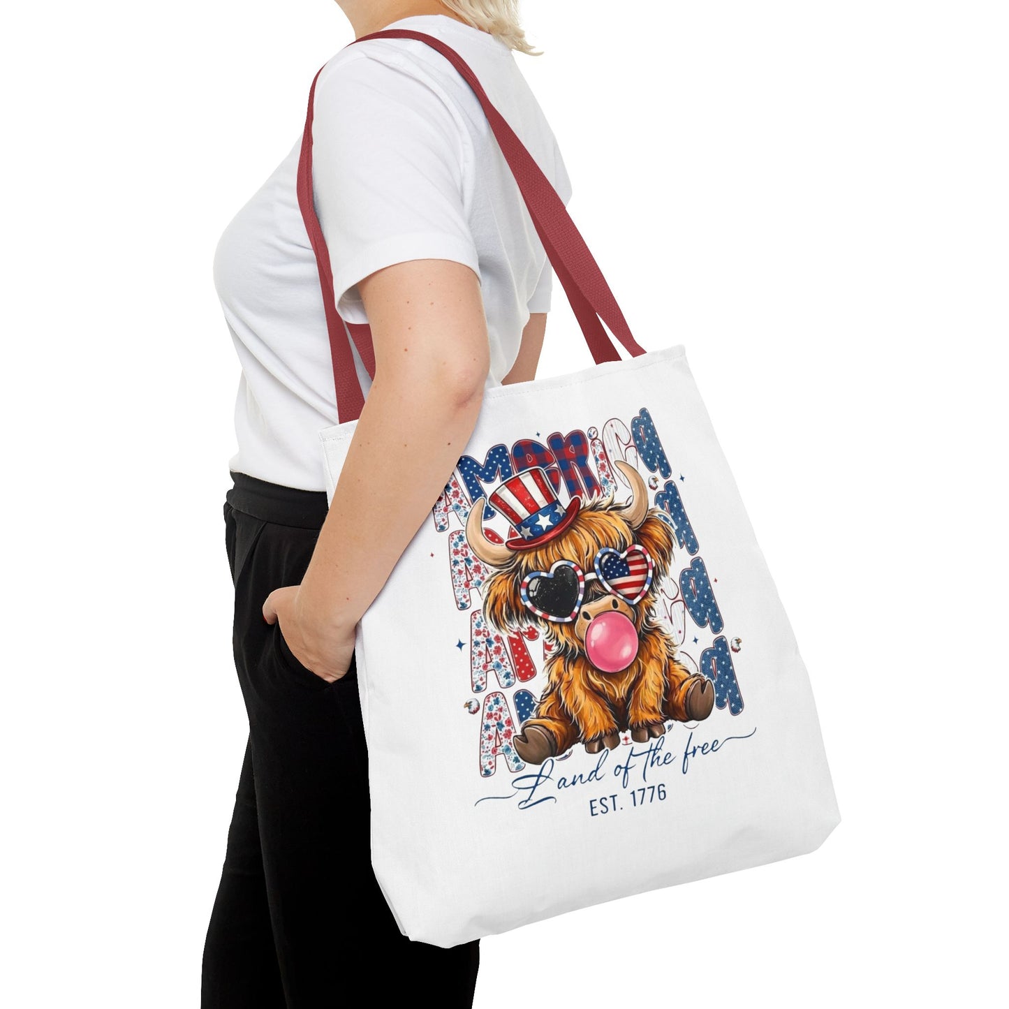 #250 American Flag Bubblegum Patriotic Highland Cow Tote Bag