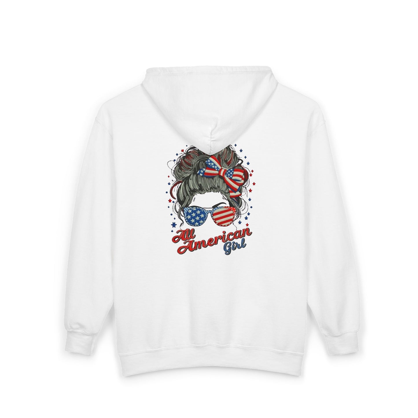 #250 "All American Girl" Patriotic Messy Bun Zip Hoodie