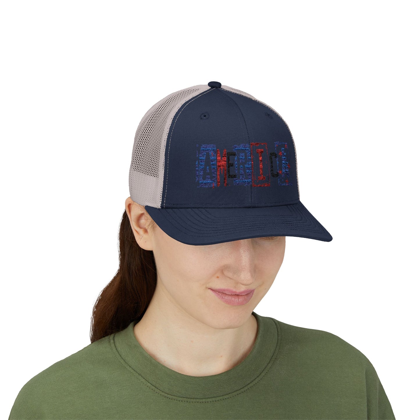 #250 America Retro Block Text Patriotic Snapback Trucker Cap
