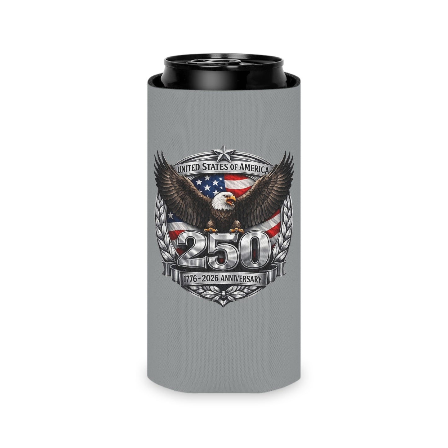 #250 Patriotic Bald Eagle 250 United States Emblem Can Cooler - Beverage Koozie