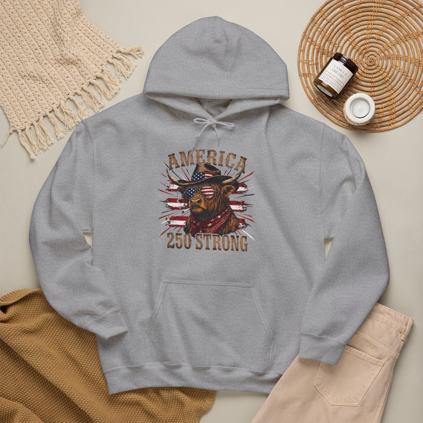 #250 America 250 Strong Patriotic Bull with American Flag Hoodie