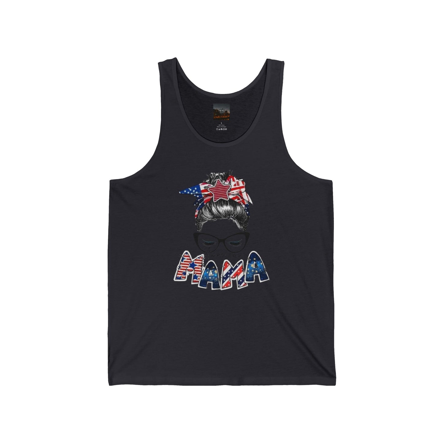 #250 Mama USA Flag Messy Bun Tank Top