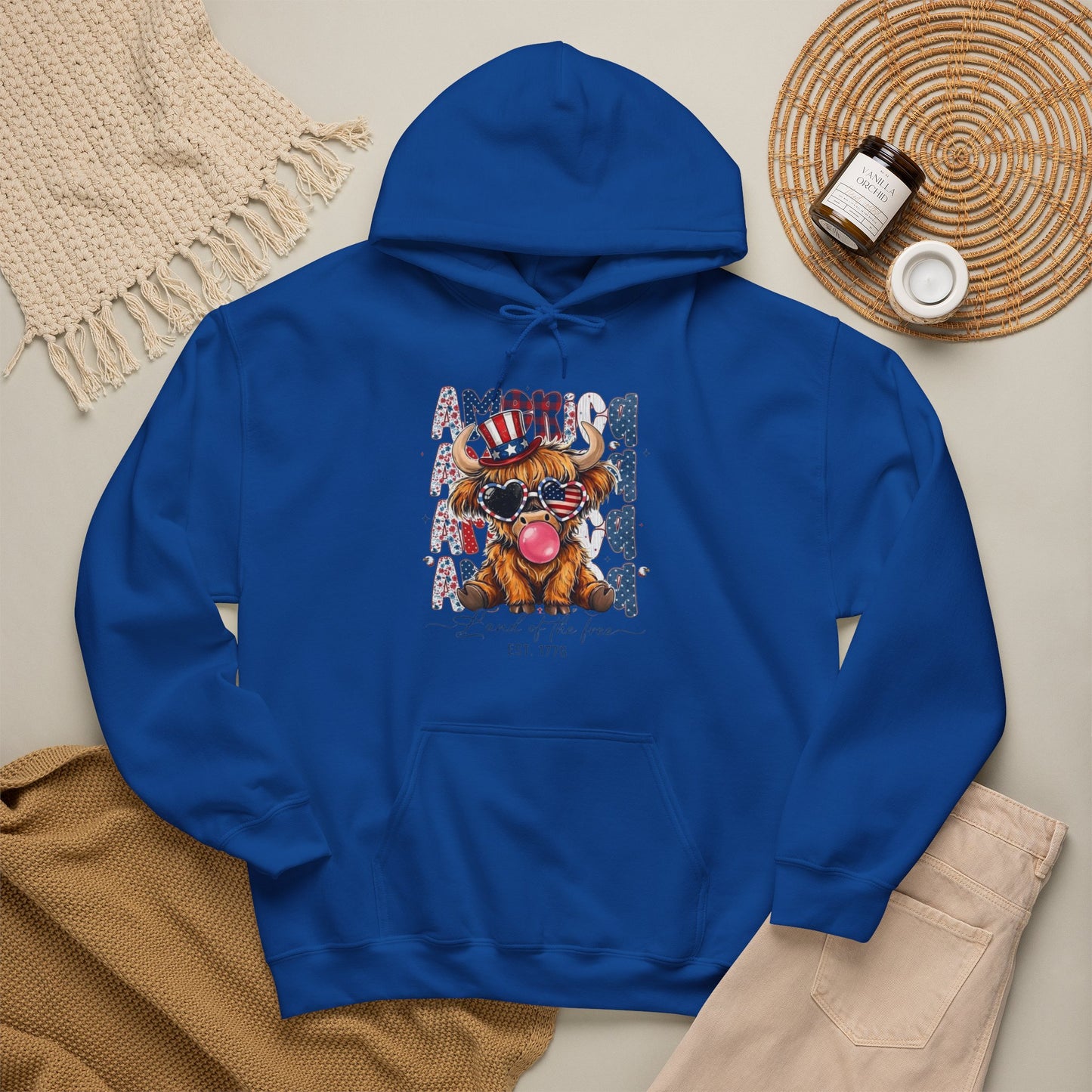 #250 American Flag Bubblegum Patriotic Highland Cow Hoodie