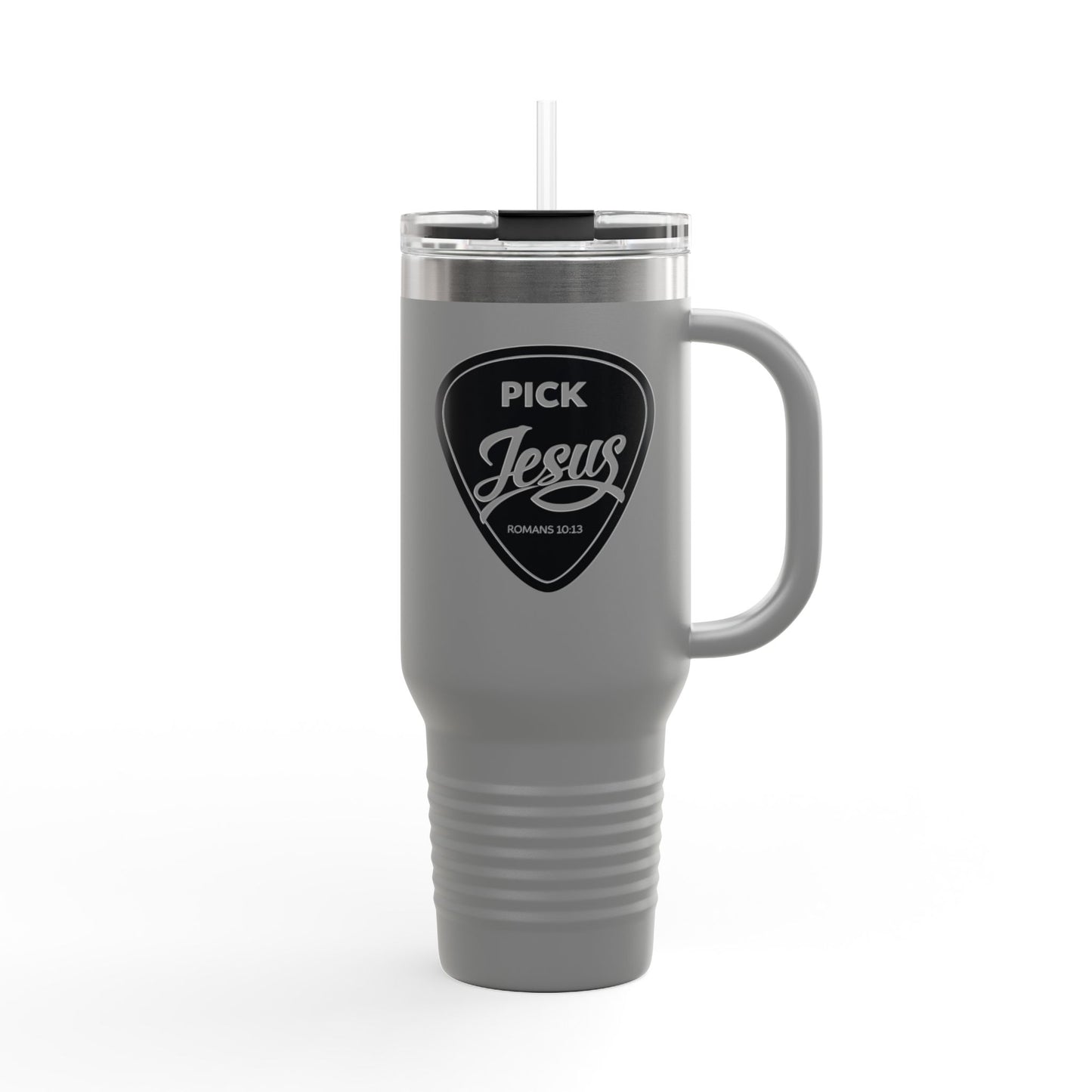 Pick Jesus Guitar Pick Insulated Travel Mug 40oz — Christian Design (Romans 10:13) Faith Travel Tumbler