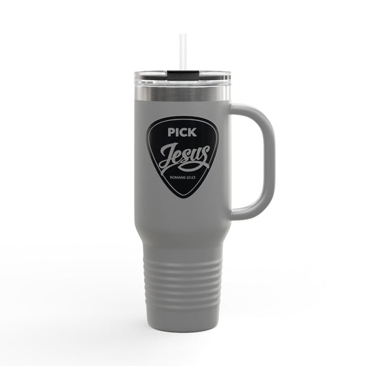 Pick Jesus Guitar Pick Insulated Travel Mug 40oz — Christian Design (Romans 10:13) Faith Travel Tumbler