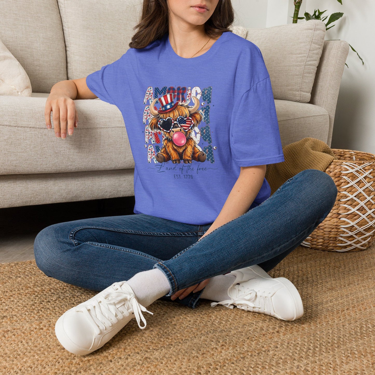 #250 American Flag Bubblegum Patriotic Highland Cow T-Shirt