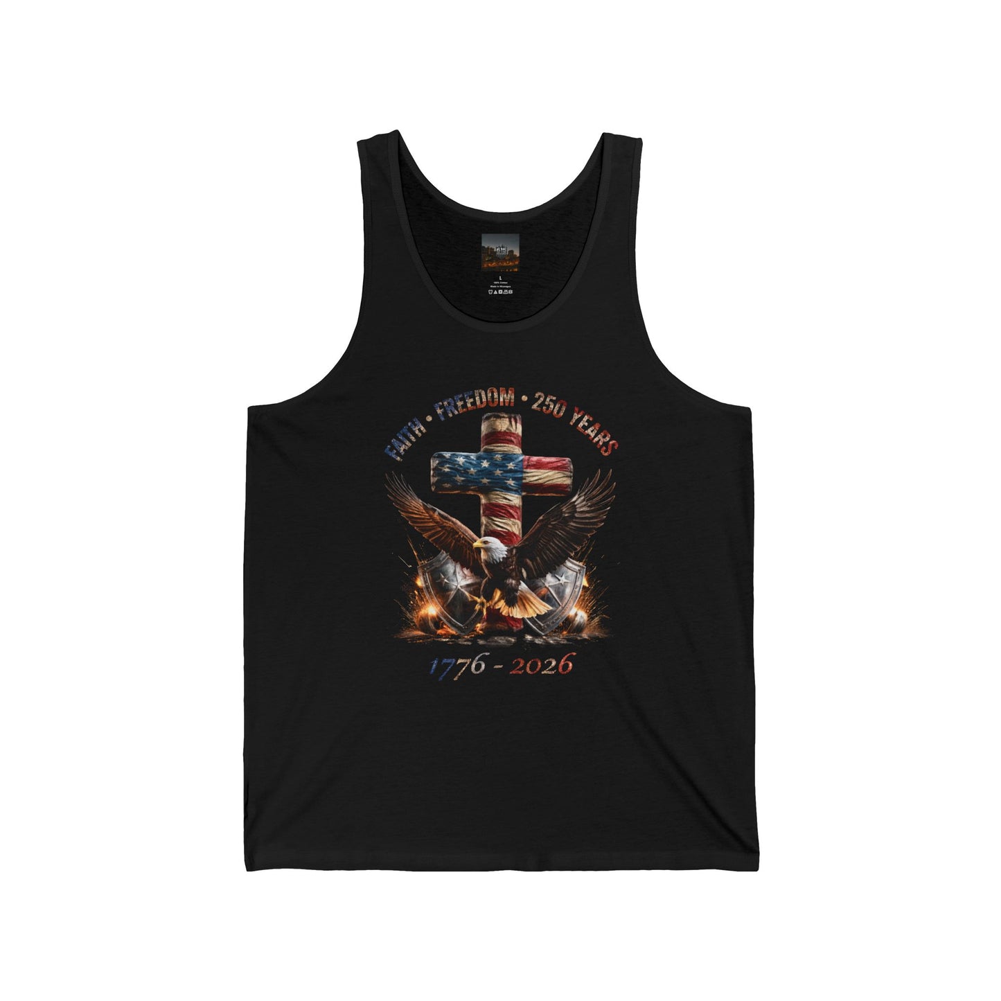 #250 Faith • Freedom 250 Years American Flag Cross & Eagle 1776-2026 Jersey Tank Top