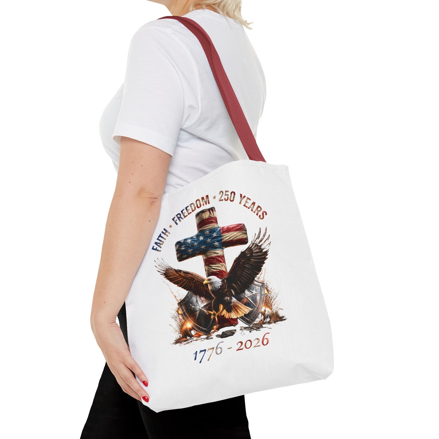 #250 Faith • Freedom 250 Years American Flag Cross & Eagle 1776-2026 Tote Bag