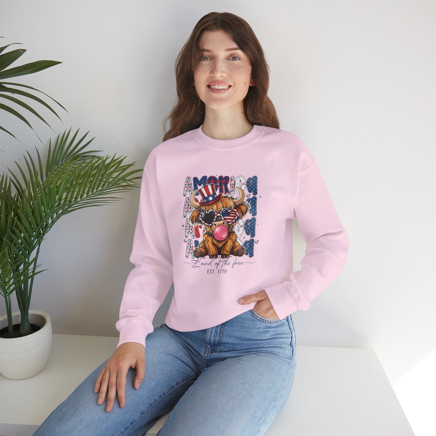 #250 American Flag Bubblegum Patriotic Highland Cow Sweatshirt