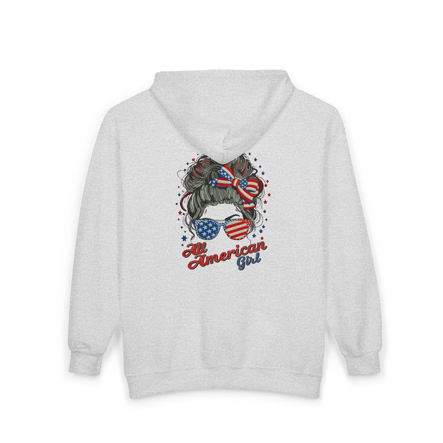 #250 "All American Girl" Patriotic Messy Bun Zip Hoodie