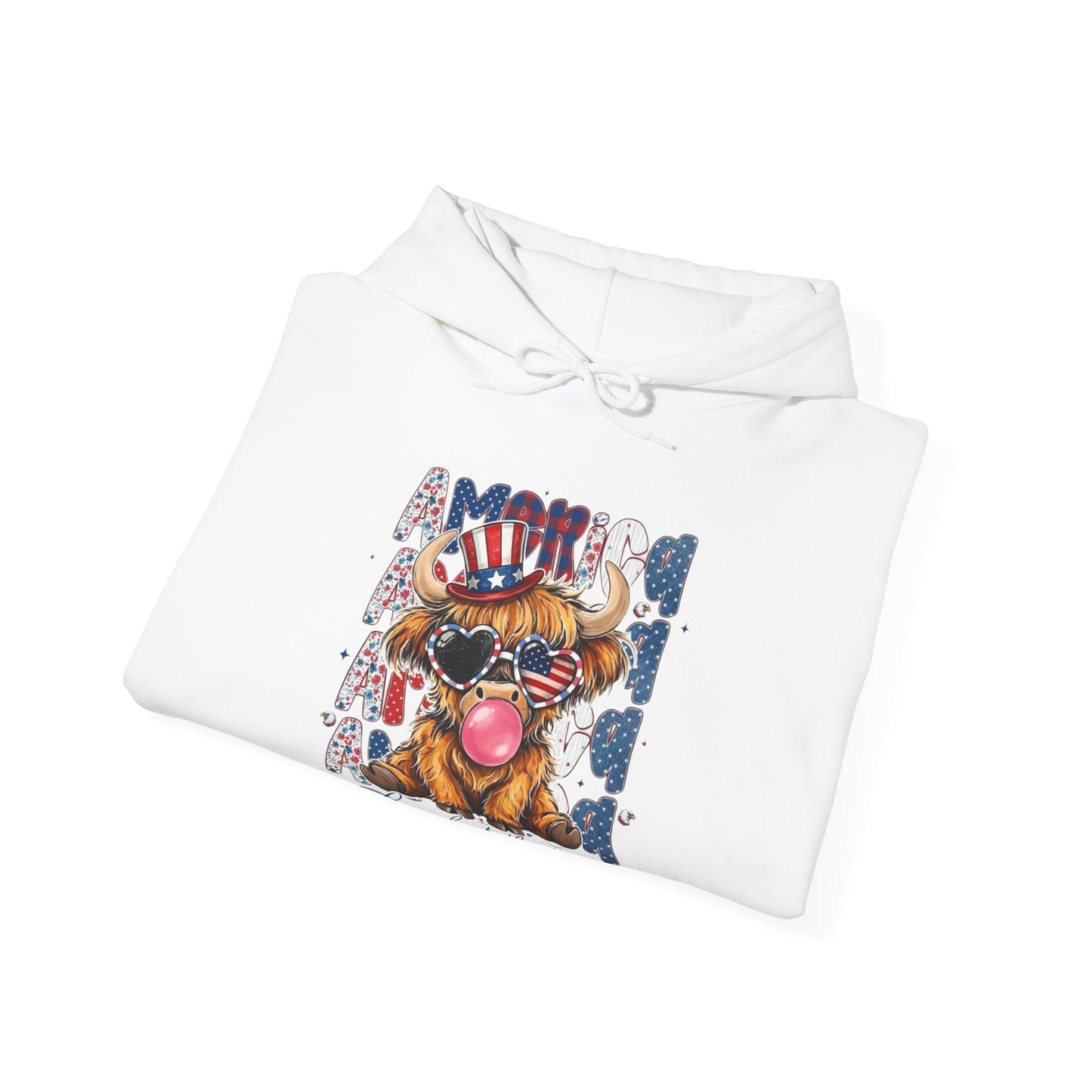 #250 American Flag Bubblegum Patriotic Highland Cow Hoodie
