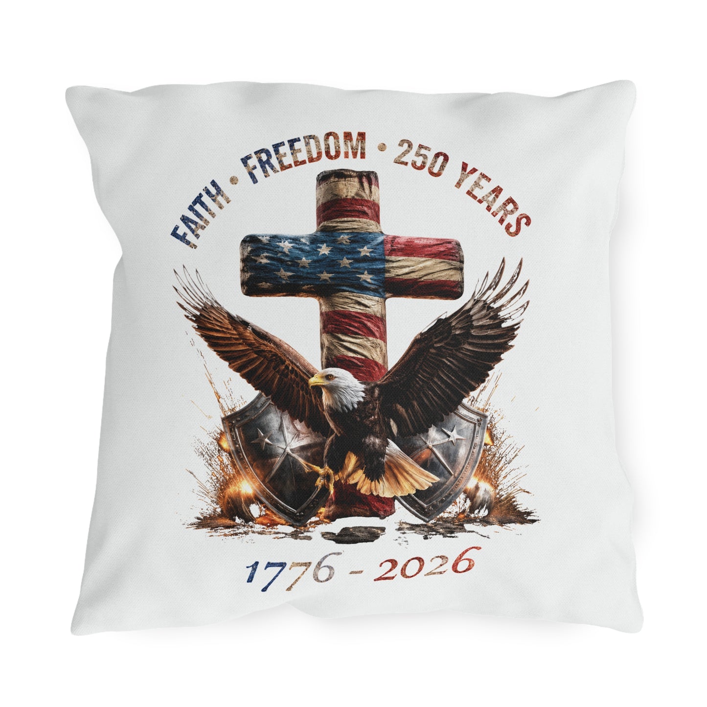 #250 Faith • Freedom 250 Years American Flag Cross & Eagle 1776-2026 Outdoor Throw Pillow