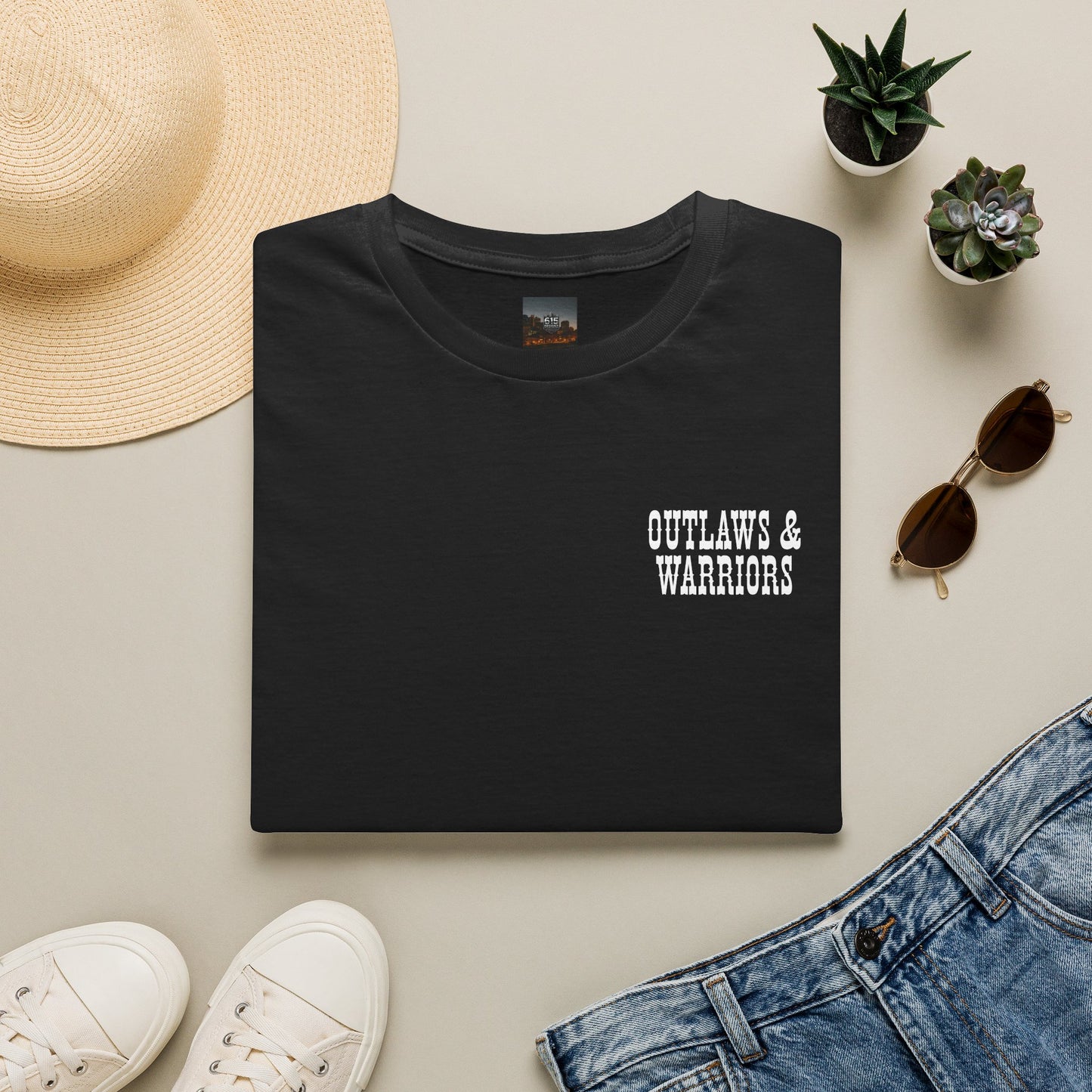 Outlaws & Warriors 100% Cotton SoftStyle T-Shirt — Minimal Chest Logo with Graphic On Back
