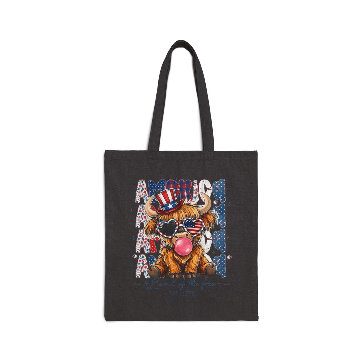 #250 American Flag Bubblegum Patriotic Highland Cow Canvas Tote Bag