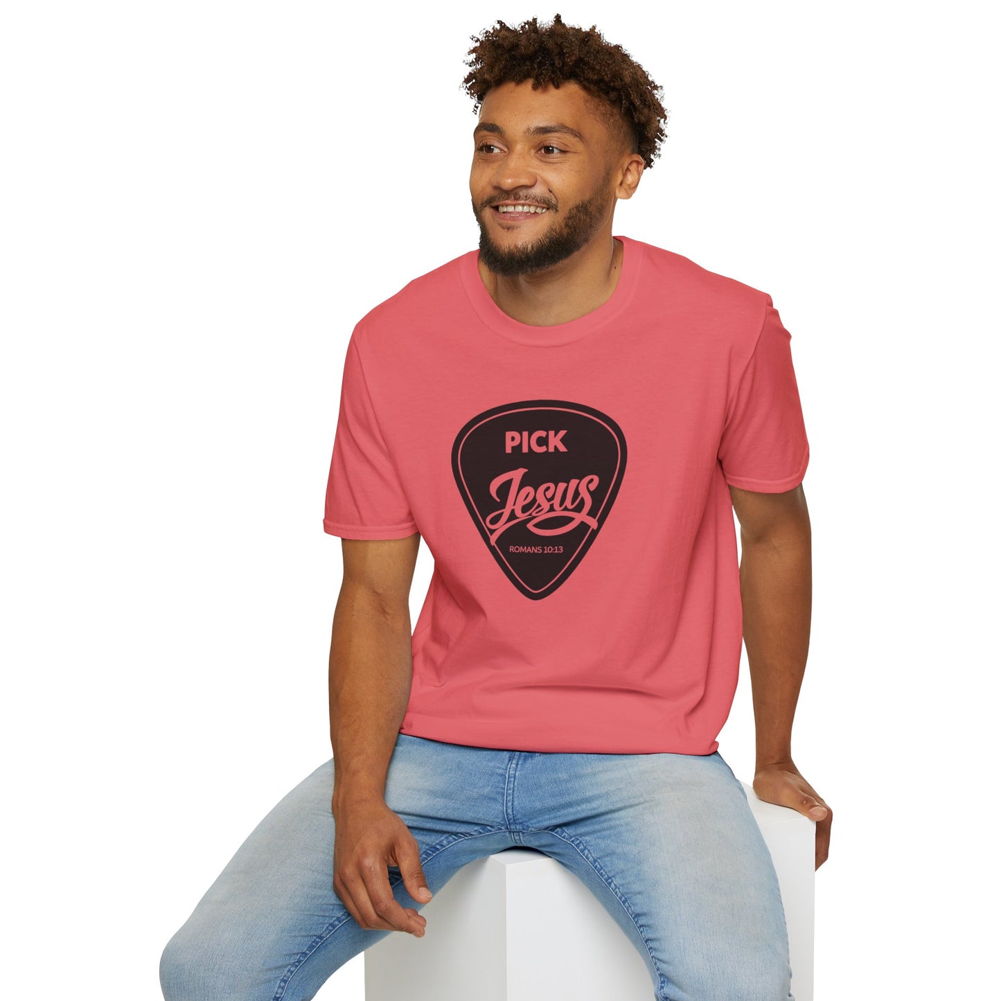 Pick Jesus T-Shirt — Christian Guitar Pick Design (Romans 10:13)