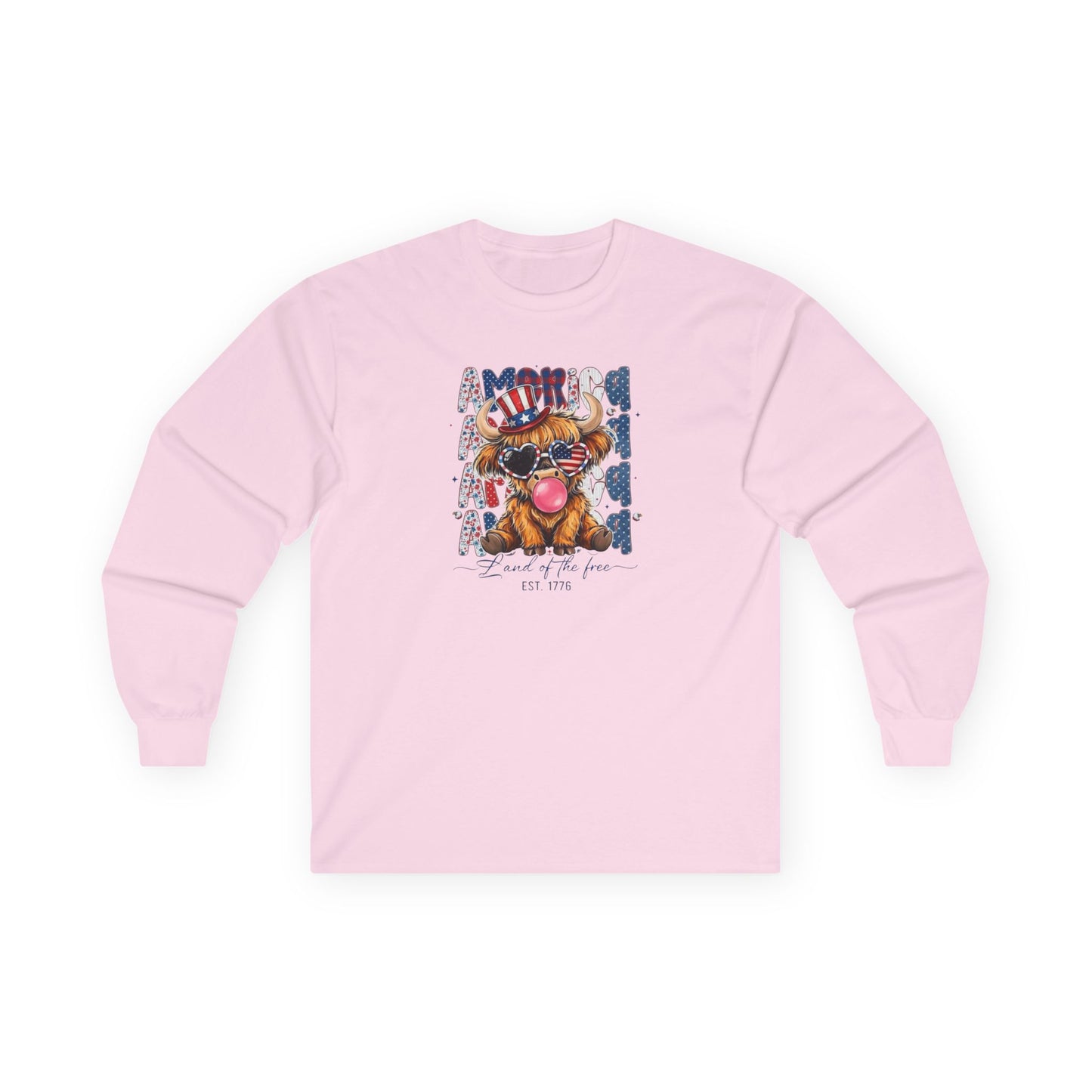 #250 American Flag Bubblegum Patriotic Highland Cow Long Sleeve Tee