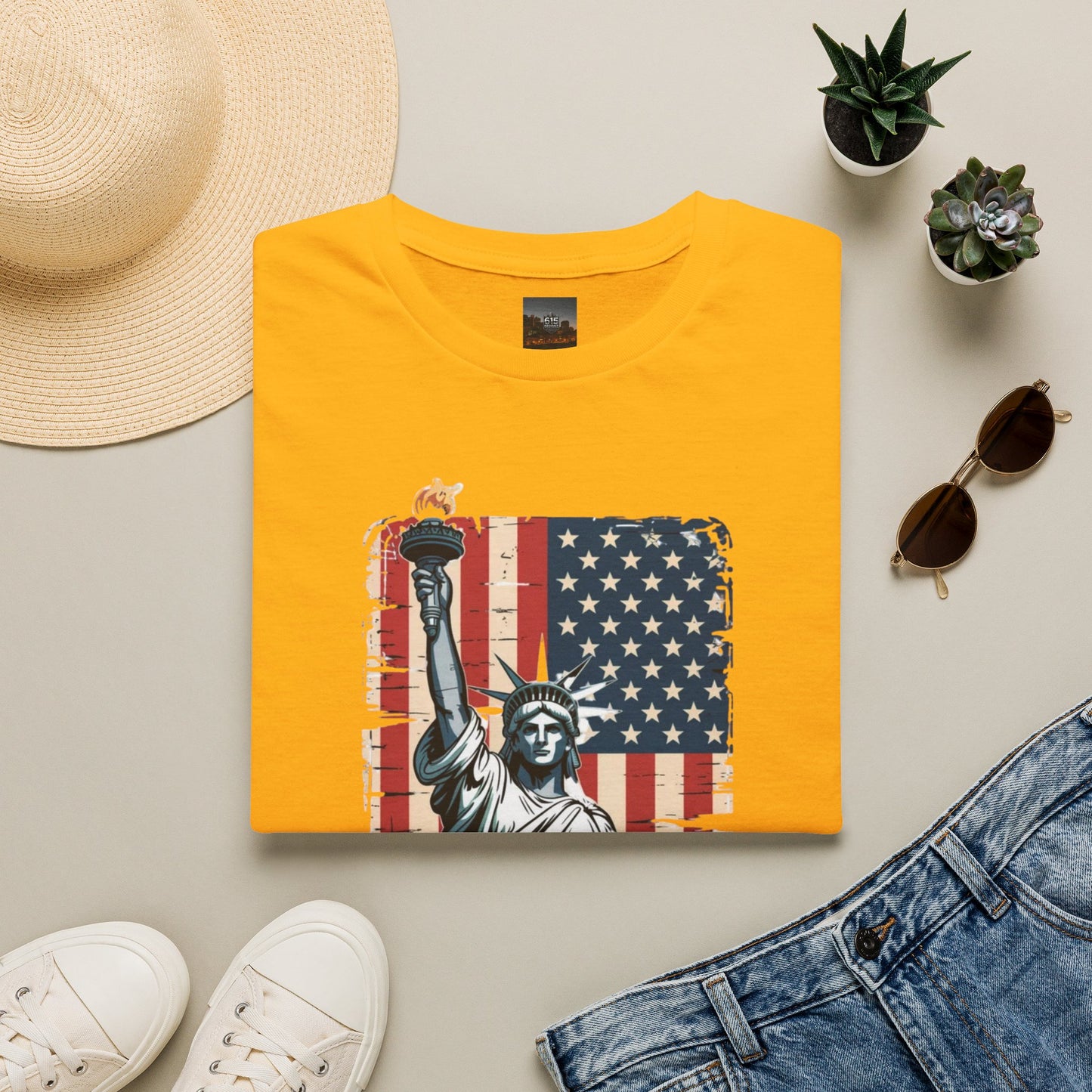 #250 Statue of Liberty American Flag 'America' Patriotic Independence Day T‑Shirt