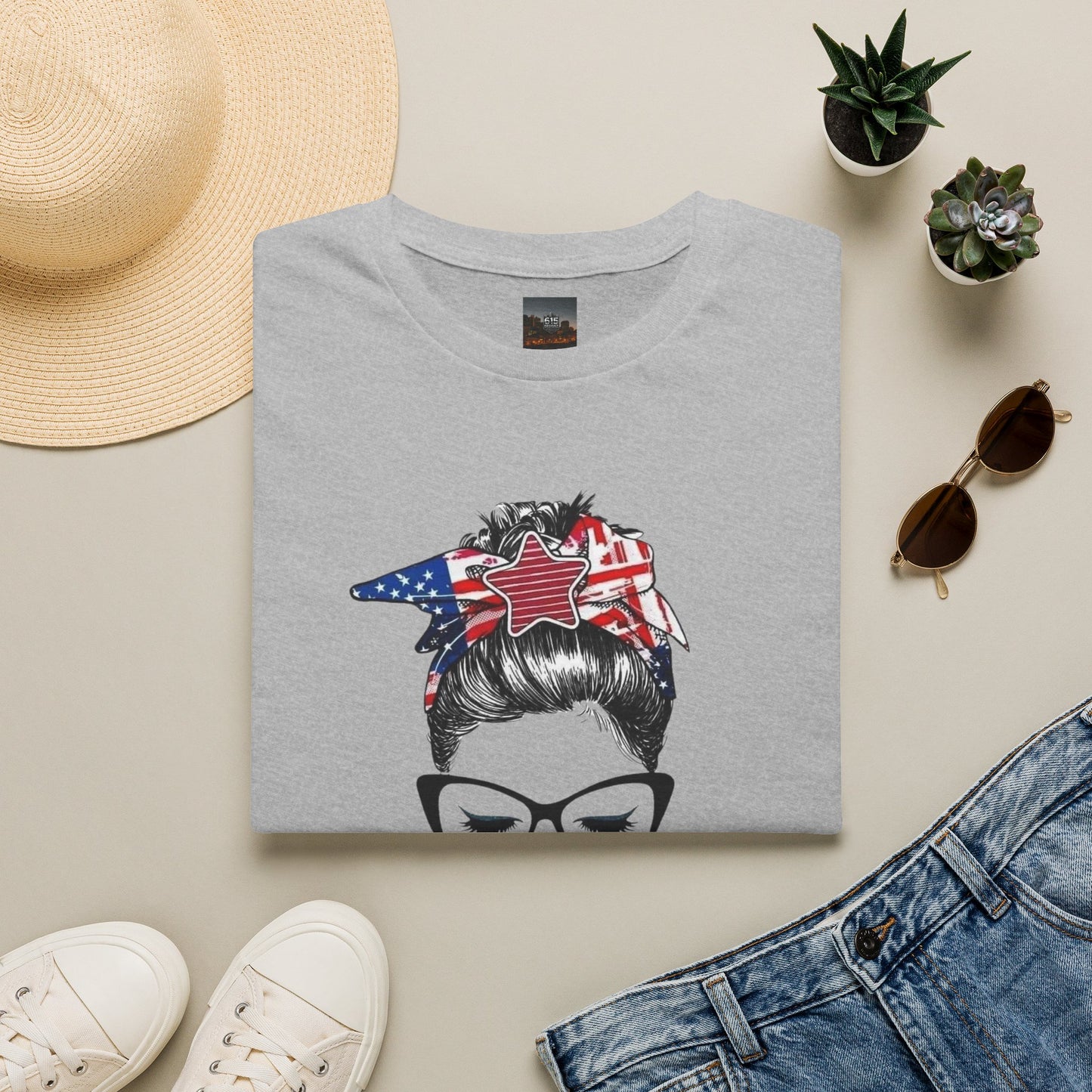 Mama USA Flag Messy Bun T-Shirt