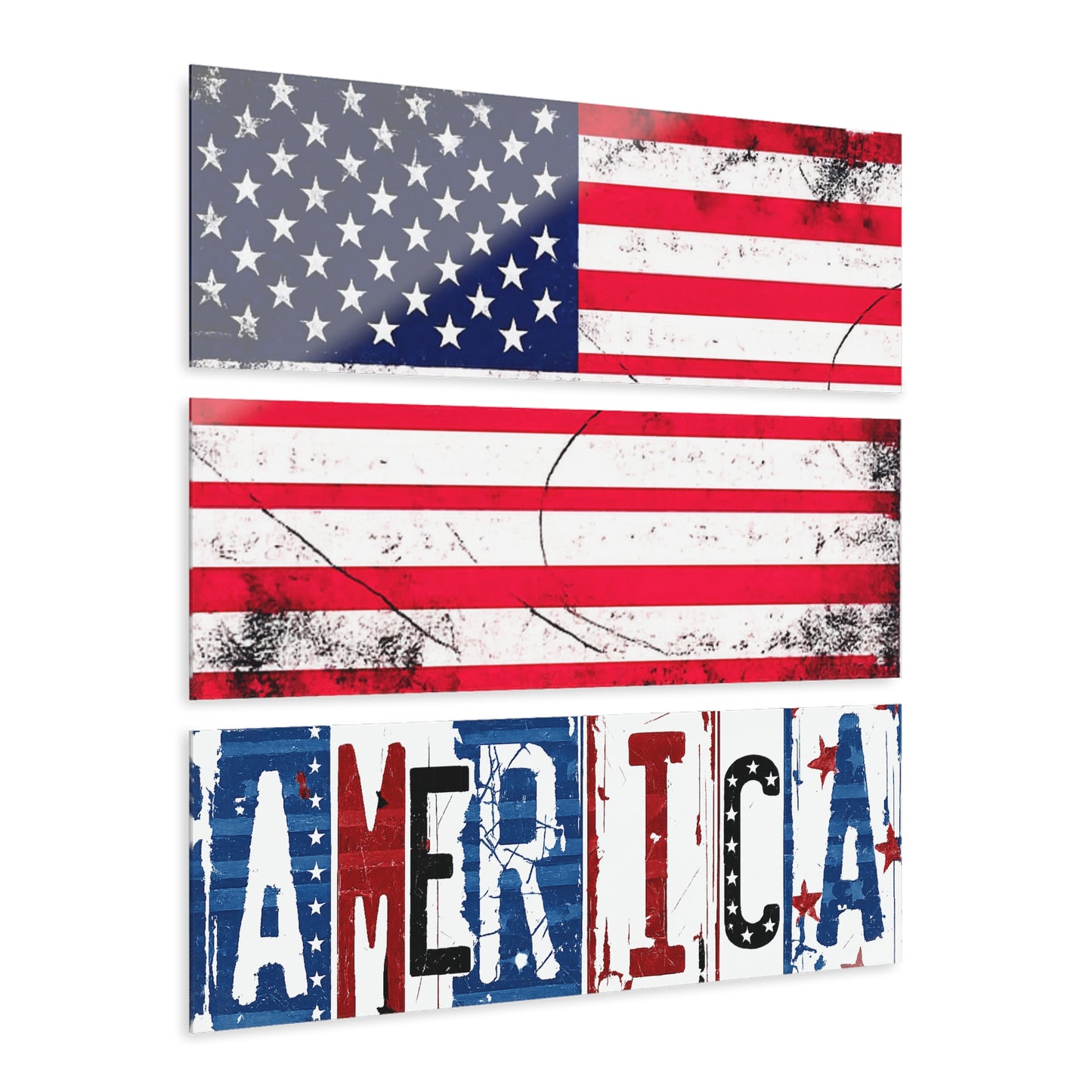 #250 America Retro Block Text Triptych Acrylic Wall Art — Patriotic America Flag Decor