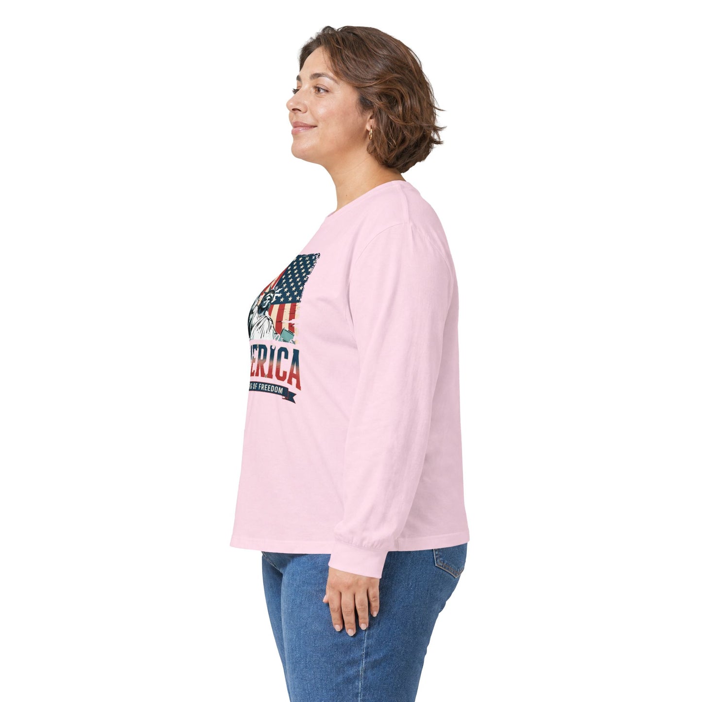 #250 Statue of Liberty American Flag 'America' Patriotic Independence Day Long Sleeve Tee