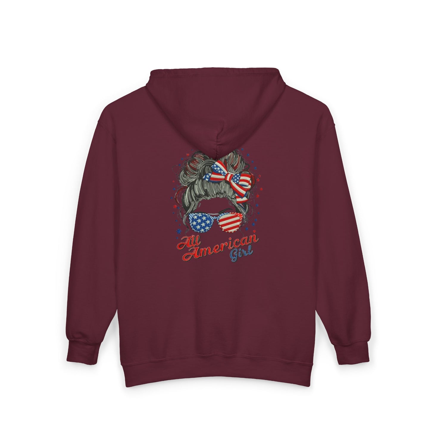 #250 "All American Girl" Patriotic Messy Bun Zip Hoodie