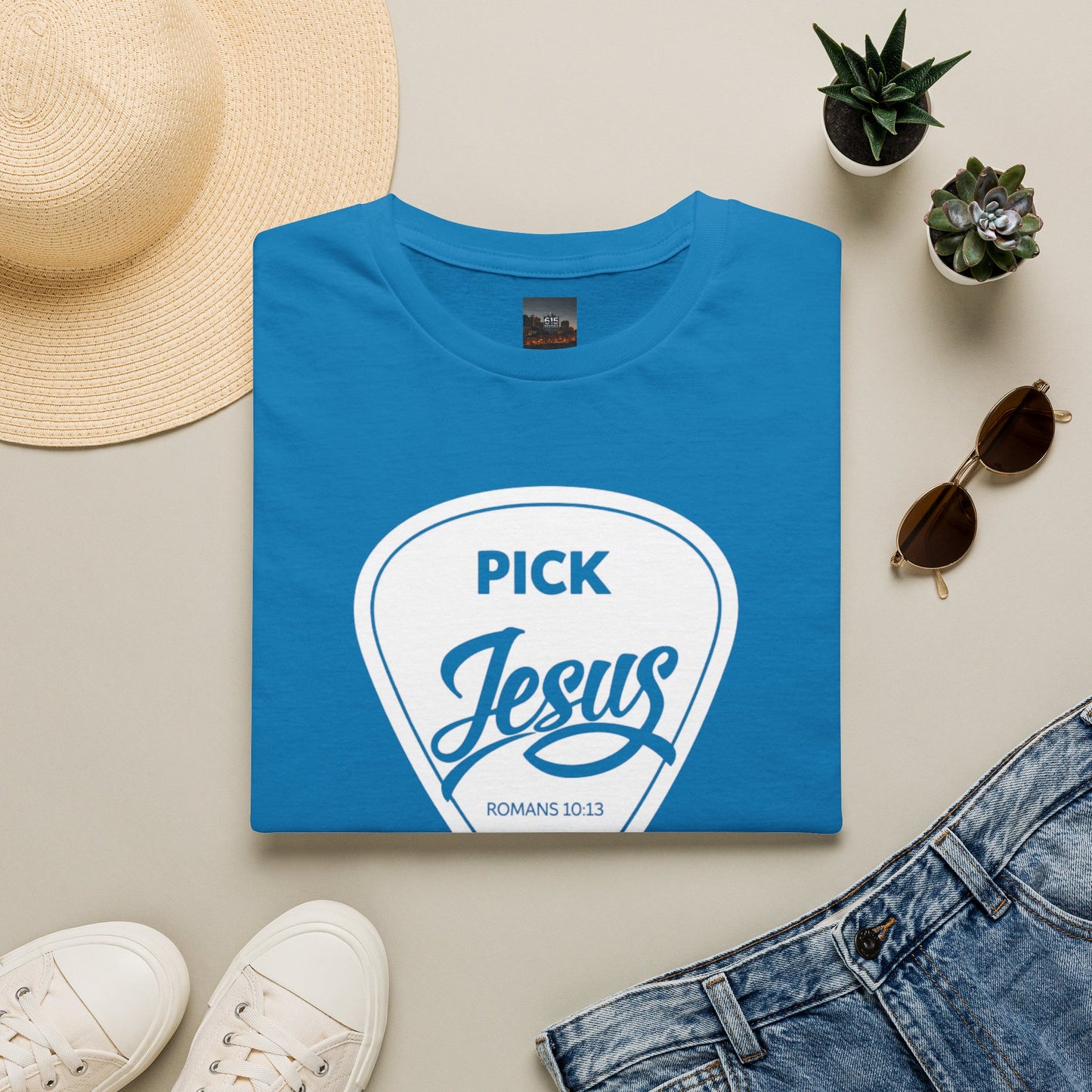 Pick Jesus T-Shirt — Christian Guitar Pick Design (Romans 10:13)