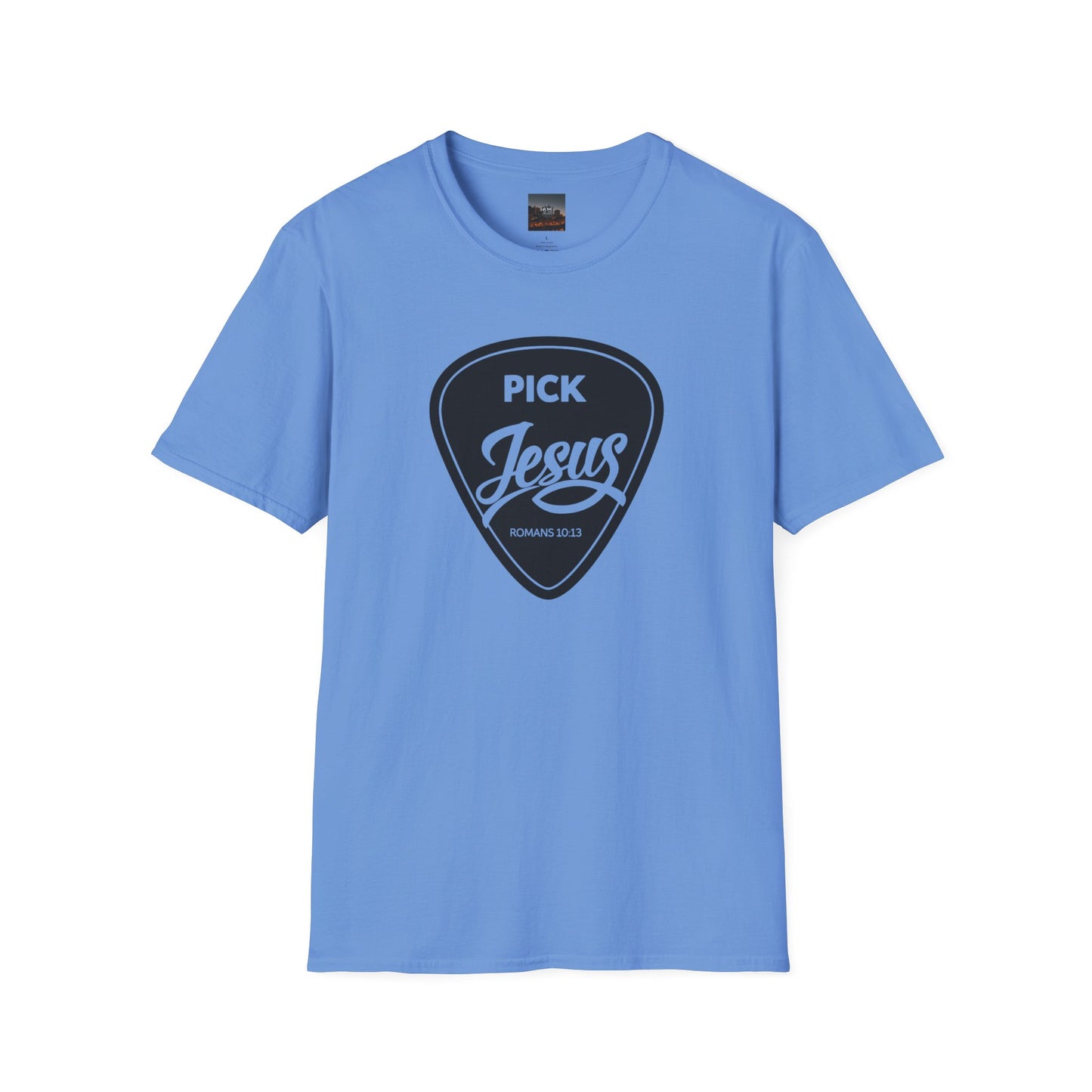 Pick Jesus T-Shirt — Christian Guitar Pick Design (Romans 10:13)