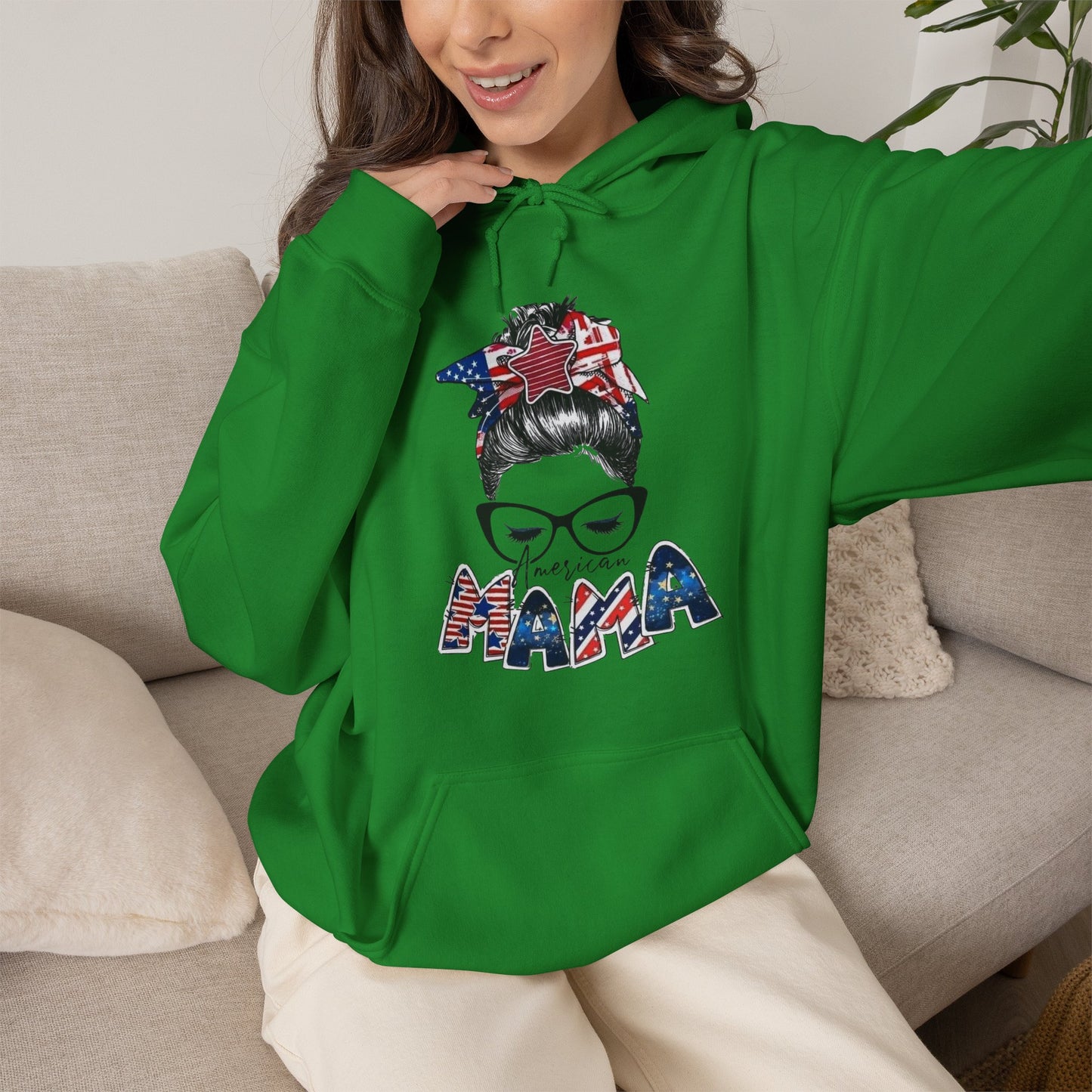 #250 Mama USA Flag Messy Bun Hoodie