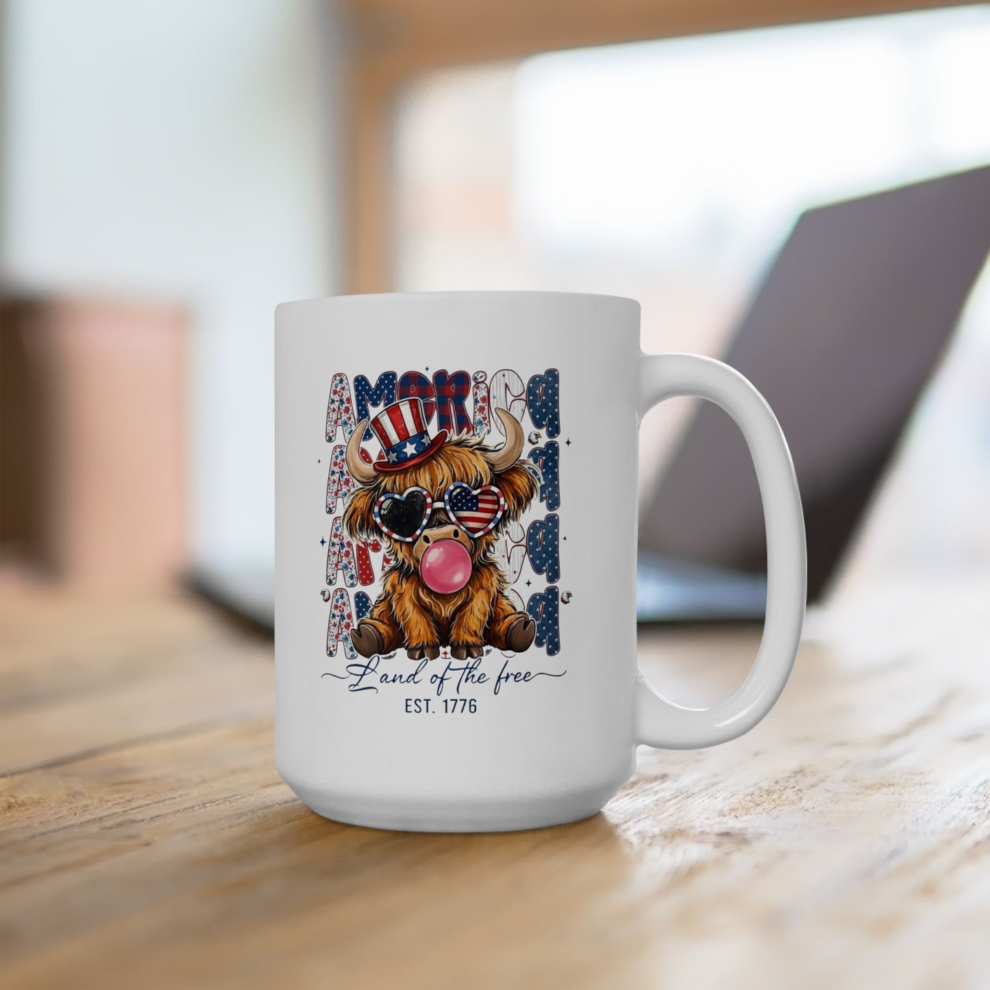 #250 American Flag Bubblegum Patriotic Highland Cow Ceramic Mug - 11oz & 15oz