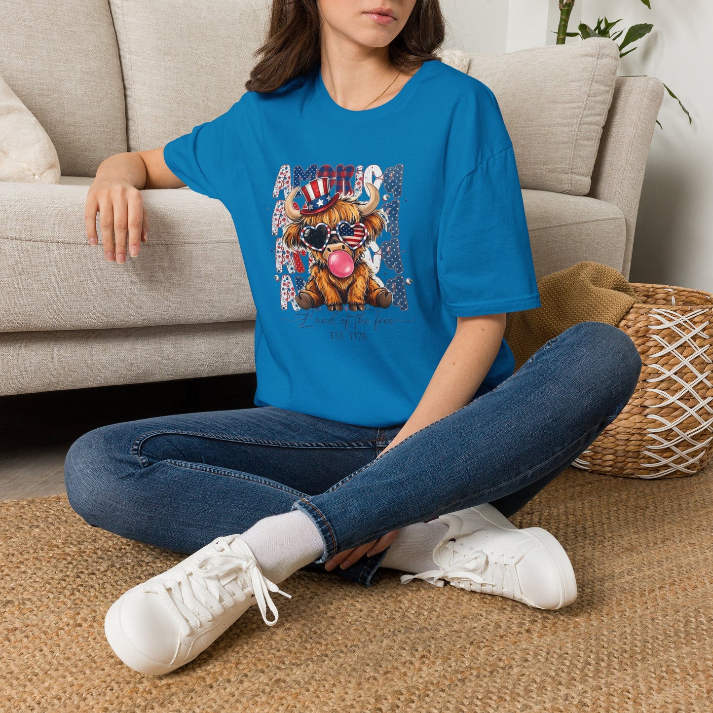 #250 American Flag Bubblegum Patriotic Highland Cow T-Shirt
