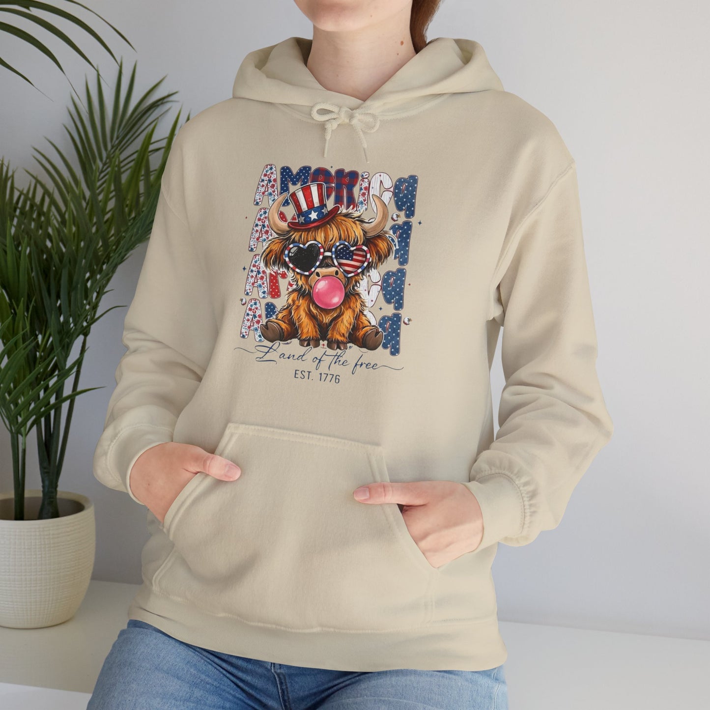 #250 American Flag Bubblegum Patriotic Highland Cow Hoodie