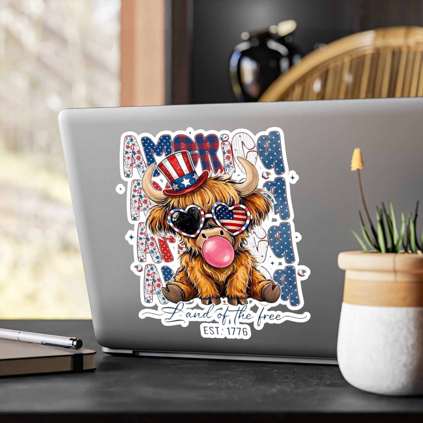 #250 American Flag Bubblegum Patriotic Highland Cow Vinyl Sticker Kiss-Cut Decal (Fourth of July)
