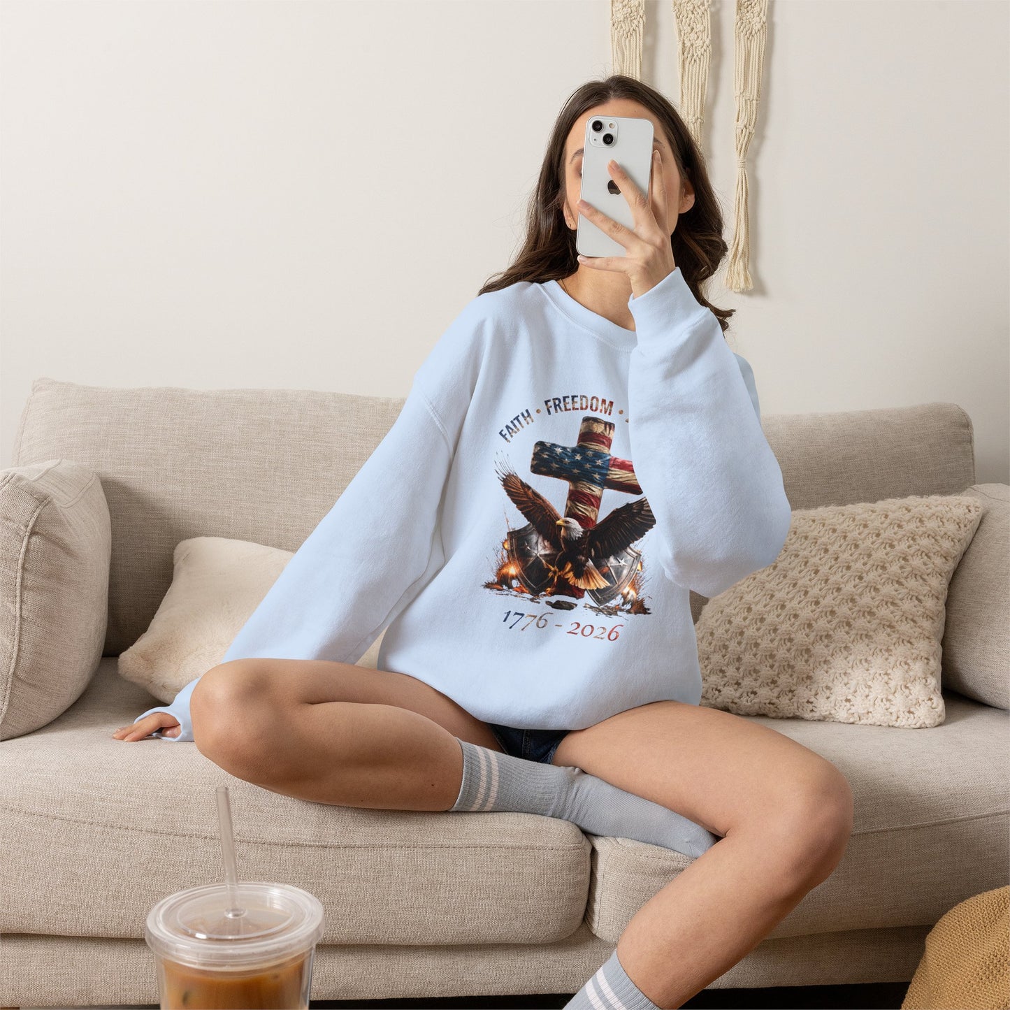 #250 Faith • Freedom 250 Years American Flag Cross & Eagle 1776-2026 Crewneck Sweatshirt
