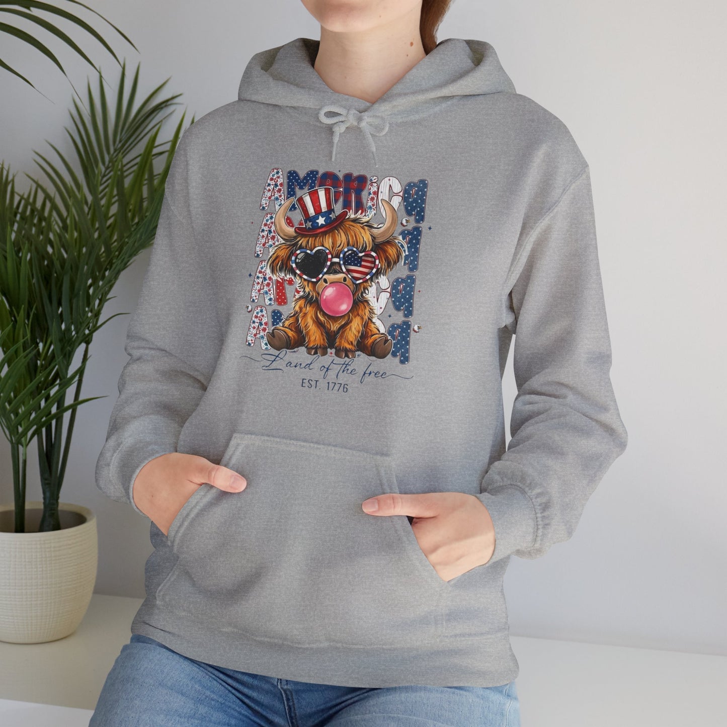#250 American Flag Bubblegum Patriotic Highland Cow Hoodie