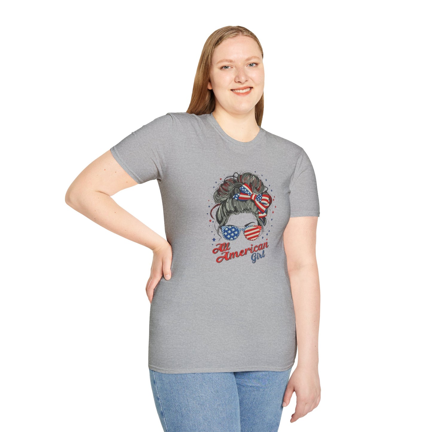 #250 "All American Girl" Patriotic Messy Bun T-Shirt