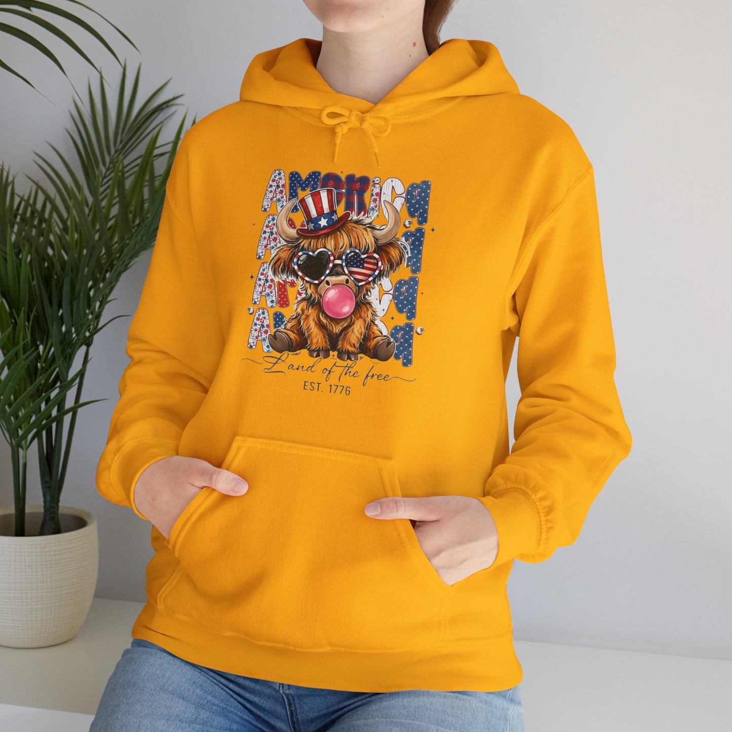 #250 American Flag Bubblegum Patriotic Highland Cow Hoodie
