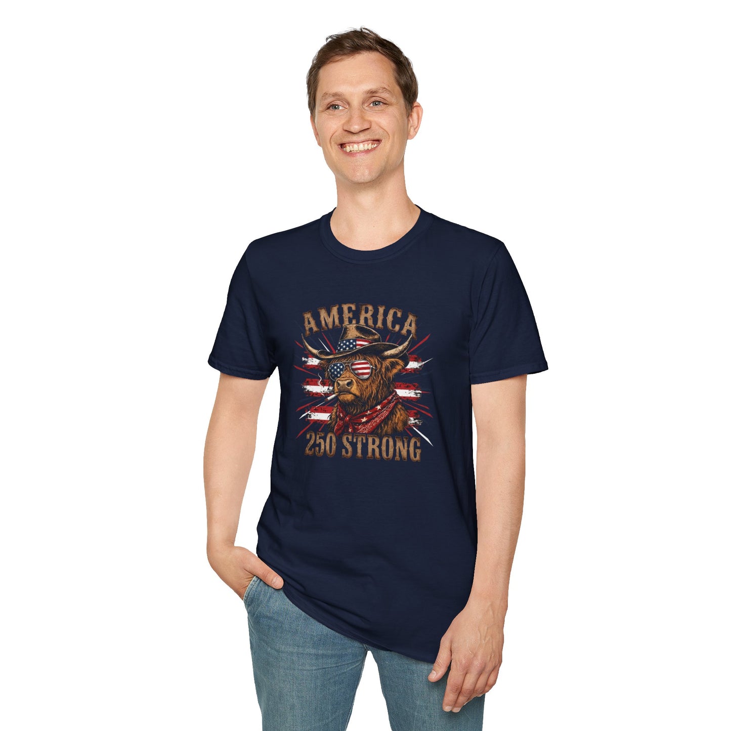 #250 America 250 Strong Patriotic Bull with American Flag T-Shirt