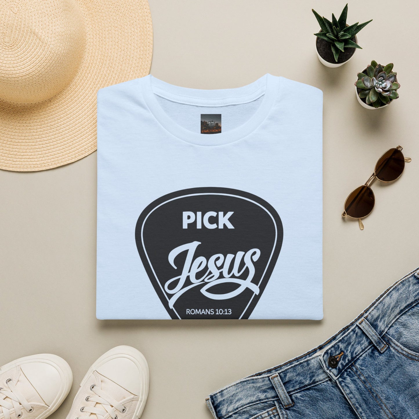 Pick Jesus T-Shirt — Christian Guitar Pick Design (Romans 10:13)