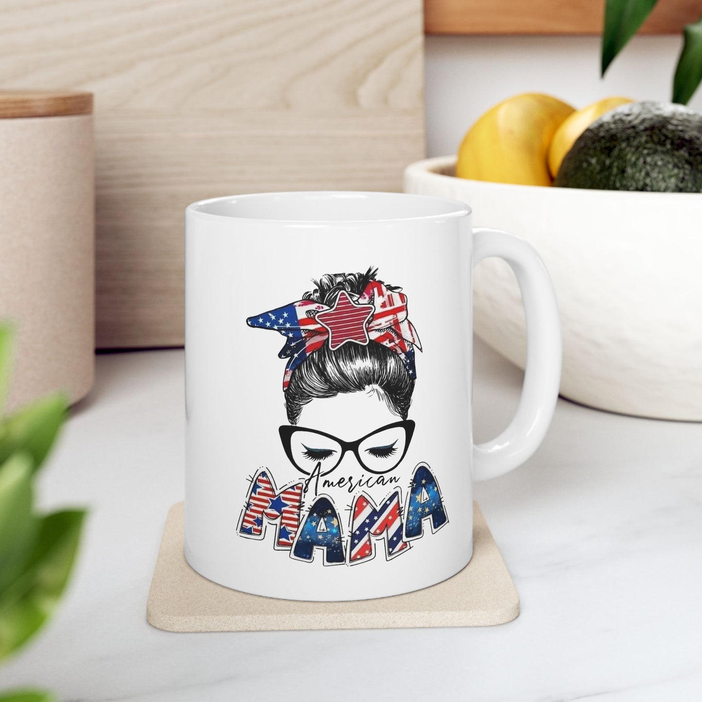 #250 Mama USA Flag Messy Bun Ceramic Mug - 11oz & 15oz