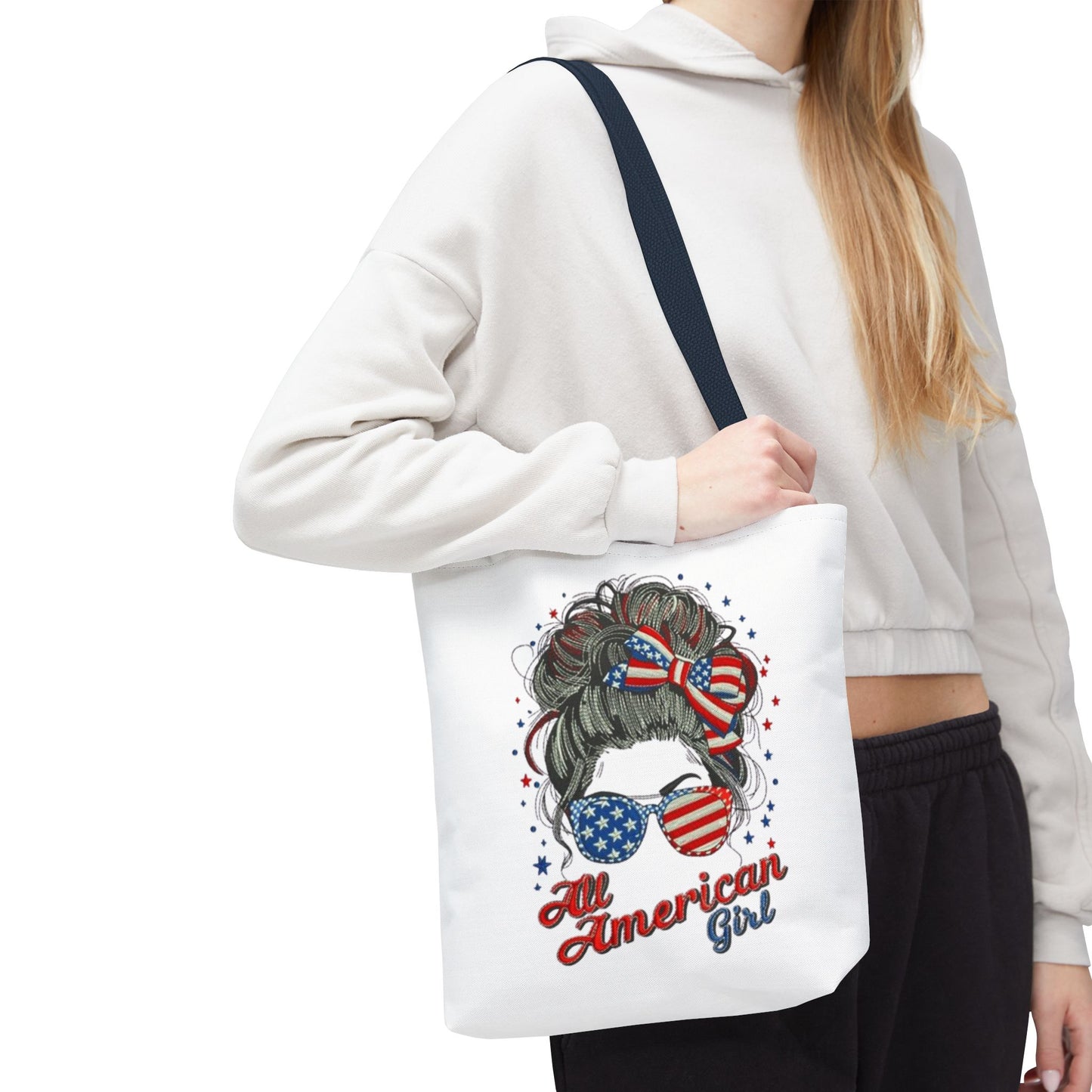 #250 "All American Girl" Patriotic Messy Bun Tote Bag