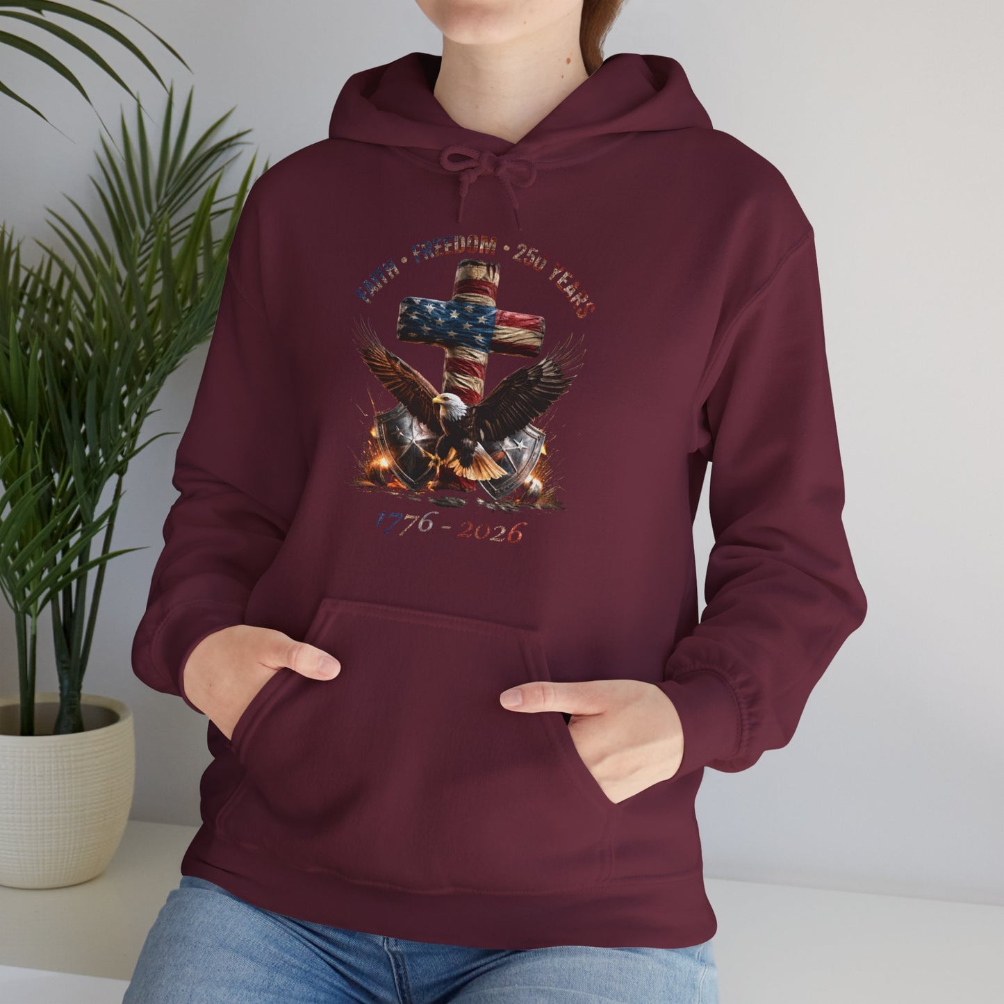 #250 Faith • Freedom 250 Years American Flag Cross & Eagle 1776-2026 Hoodie