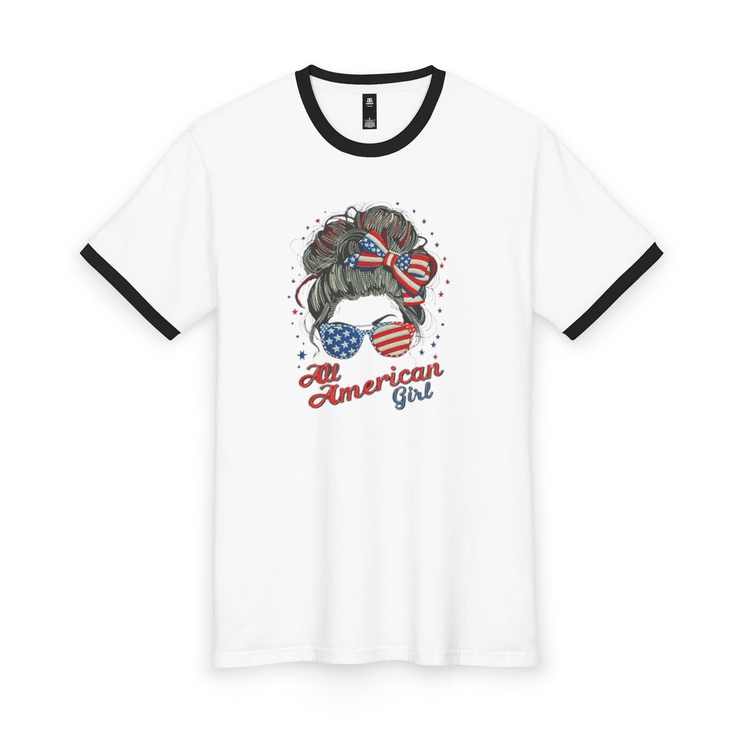 #250 "All American Girl" Patriotic Messy Bun Ringer Tee
