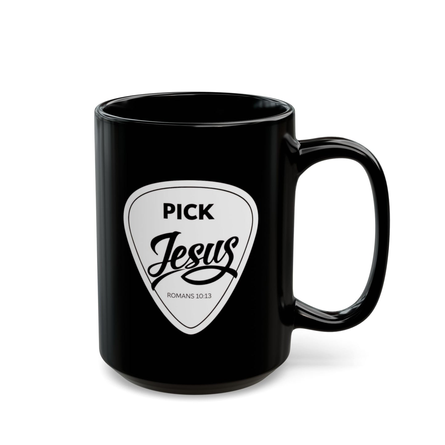 Pick Jesus Guitar Pick Ceramic Mug — Christian Guitar Pick Design (Romans 10:13) 15oz